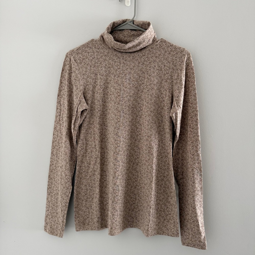 RuffHewn Floral Turtleneck Cotton Modal Top Tan Green Plum M Cottagecore Cozy